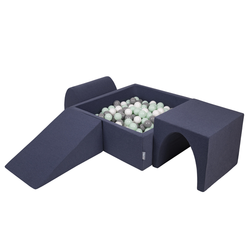 KiddyMoon Aire De Jeux en Mousse avec Carré Piscine À Balles pour Enfants, bleu foncé:blanc/gris/menthe, Piscine (300 Balles) + Version 2