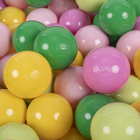 KiddyMoon Balles Colorées Plastique ∅7cm pour Piscine Enfant Bébé Fabriqué en EU, vert clair/vert/jaune/rose poudré/rose, 50 Balles/7cm