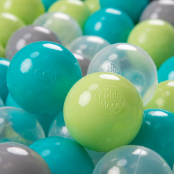 KiddyMoon Balles Colorées Plastique ∅7cm pour Piscine Enfant Bébé Fabriqué en EU, turquoise/vert clair/gris/transparent, 100 Balles/7cm