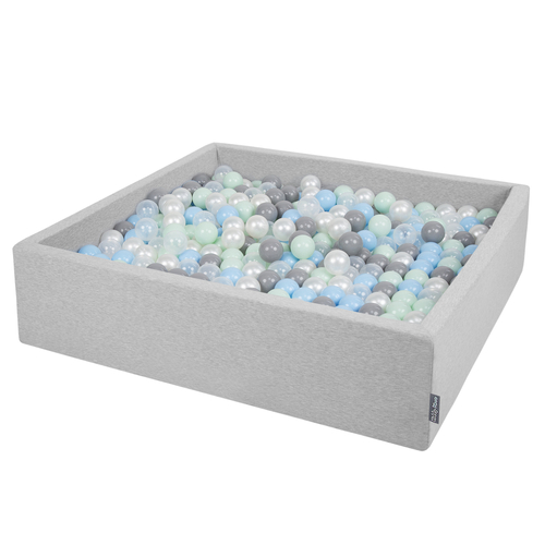 KiddyMoon Piscine À Balles Grande Carré pour Bébé, Fabriqué en UE, gris clair:perle-gris-transparent-babyblue-menthe, 120x30cm/600 balles