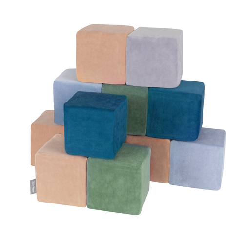 KiddyMoon blocs mous pour bébé cubes de construction en mousse housse velours, cubes: bleu lagune-vert forêt-rose de sables-bleu glacier-gris de montagnes, 12 Pieces