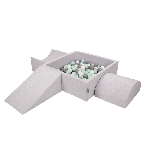 KiddyMoon Aire De Jeux en Mousse avec Carré Piscine À Balles pour Enfants, gris clair: blanc/gris/menthe, Piscine (300 Balles) + Version 4