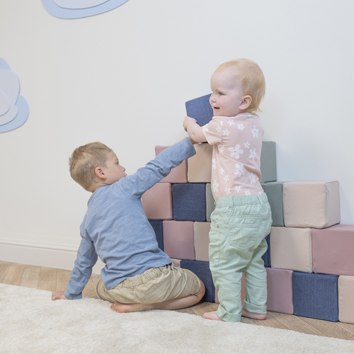 KiddyMoon blocs mous pour bébé cubes de construction en mousse, cubes: bruyère/bleu foncé/beige/sage, 24 Pieces