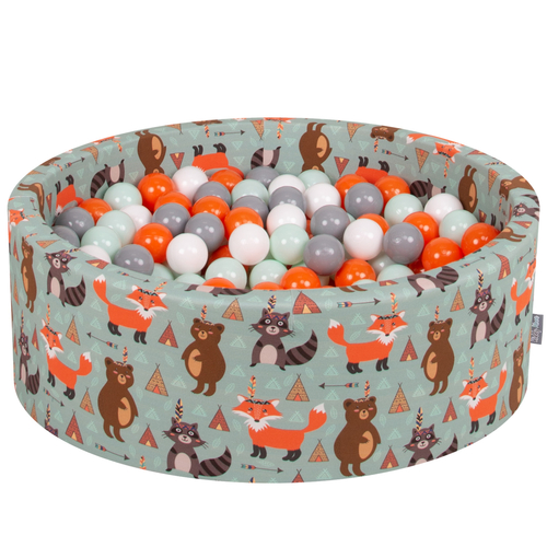 KiddyMoon Piscine à Balles ∅ 7Cm pour Bébé Rond Fabriqué En UE, renard-vert:orange/menthe/gris/blanc, 90x30cm/200 balles