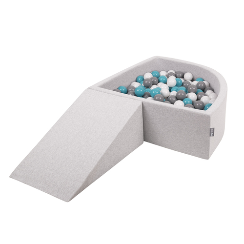 KiddyMoon Aire De Jeux en Mousse avec Quart Angulaire Piscine À Balles pour Bébé, gris clair: gris/blanc/turquoise, Piscine (200 Balles) + Pente