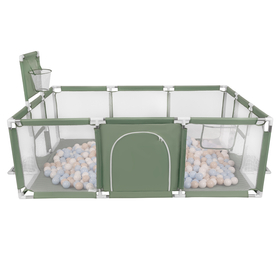 Parc Bébé avec Balles Plastiques Aire De Jeu Pliable Basket Football, vert : beige pastel/bleu pastel/blanc, 200 balles