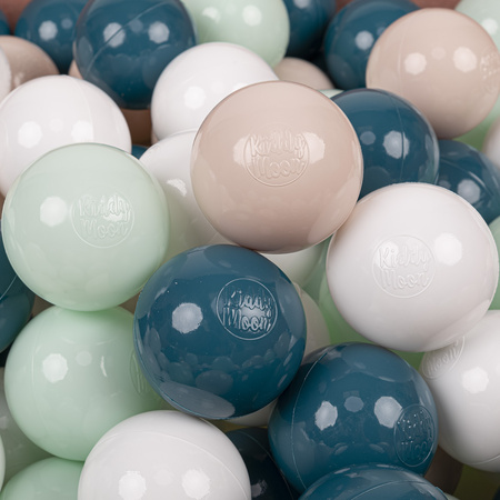 KiddyMoon Balles Colorées Plastique ∅7cm pour Piscine Enfant Bébé Fabriqué en EU, turquoise foncé/beige pastel/blanc/menthe, 100 Balles/7cm