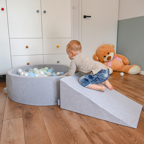KiddyMoon Aire De Jeux en Mousse avec Rond Piscine à Balles pour Enfants, gris clair: perle/gris/transparent/babyblue/menthe, Piscine (200 Balles) + Pente