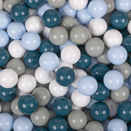 KiddyMoon Balles Colorées Plastique ∅7cm pour Piscine Enfant Bébé Fabriqué en EU, turquoise foncé/vert de gris/bleu pastel/blanc, 100 Balles/7cm