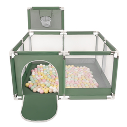 parc bébé avec balles plastiques aire de jeu pliable basket, vert : beige pastel/jaune pastel/blanc/menthe/rose poudré, 100 balles