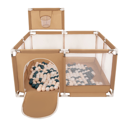 parc bébé avec balles plastiques aire de jeu pliable basket, beige : turquoise foncé/beige pastel/perle, 400 balles