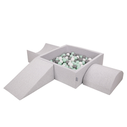 KiddyMoon Aire De Jeux en Mousse avec Carré Piscine À Balles pour Enfants, gris clair: blanc/gris/menthe, Piscine (200 Balles) + Version 4