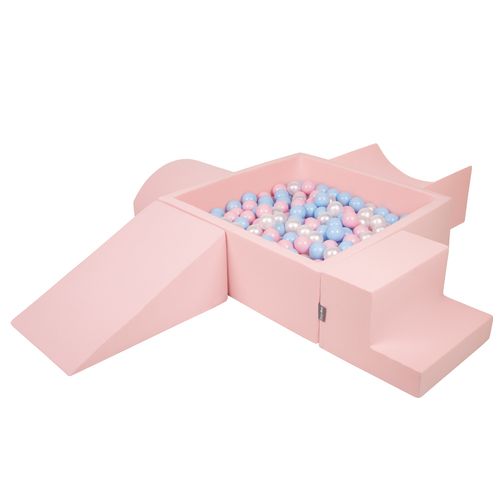 KiddyMoon Aire De Jeux en Mousse avec Carré Piscine À Balles pour Enfants, rose:babyblue/rose poudre/perle, Piscine (300 Balles) + Version 5