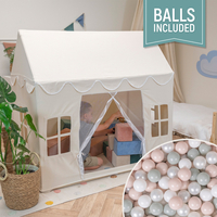 KiddyMoon Tente de Jeu Pour Enfants Maison De Jeu Pliable Tente Enfant Espace Créatif Pour Enfants Coin Douillet Idéal Pour Jouer À L’Intérieur Et À L’Extérieur, naturel: blanc/perle/beige pastel/vert de gris, 200 Balles