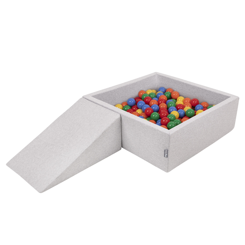 KiddyMoon Aire De Jeux en Mousse avec Carré Piscine À Balles pour Enfants, gris clair: jaune/vert/bleu/rouge/orange, Piscine (200 Balles) + Pente