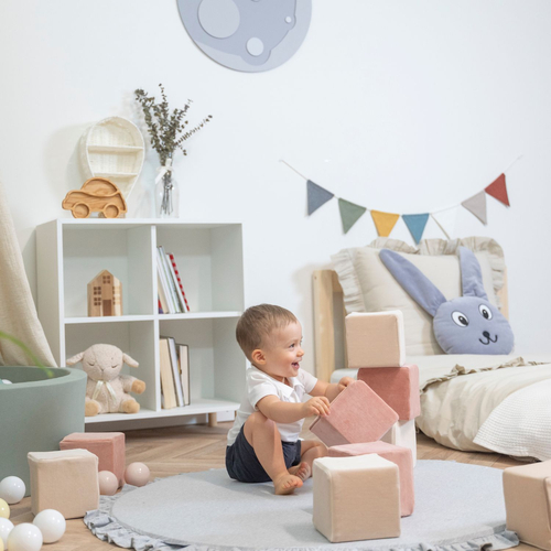 KiddyMoon Blocs De Construction En Mousse Pour Bébé Jouet Éducatif Housse En Velours, cubes: beige sableux/rose des sables, 12 Pieces