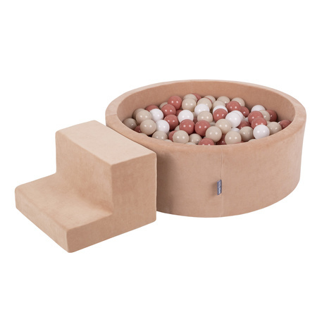 KiddyMoon Aire Velvet De Jeux en Mousse avec Rond Piscine à Balles pour Enfants, rose des sables: beige pastel/saumon/blanc, Piscine (100 Balles) + Marches