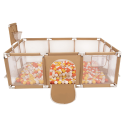 Parc Bébé avec Balles Plastiques Aire De Jeu Pliable Basket Football, beige : jaune/orange/beige pastel/blanc, 100 balles