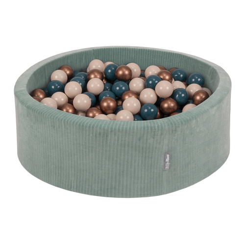 KiddyMoon Piscine À Balles pour Enfants Mousse Côtelé Pour Motricité Bébé, Vert : turquoise foncé/beige pastel/cuivre, 90x30cm/200 Balles