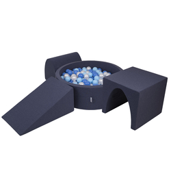 KiddyMoon Aire De Jeux en Mousse avec Rond Piscine à Balles pour Enfants, bleu foncé:babyblue/bleu/perle, Piscine (200 Balles) + Version 2