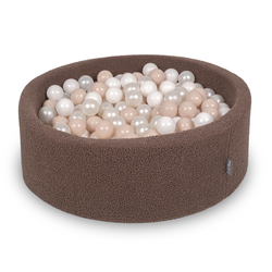 KiddyMoon Piscine à Balles Boules 7 cm pour un Remplissage plus Généreux Pour Bébés au Housse Teddy, Convient dès 8 Mois, Marron: Beige Pastel/Blanc/Perle, 90x30cm/300 Balles