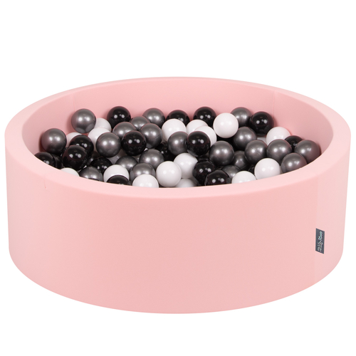 KiddyMoon Piscine à Balles ∅ 7Cm pour Bébé Rond Fabriqué En UE, rose: blanc/noir/argenté, 90x30cm/300 Balles