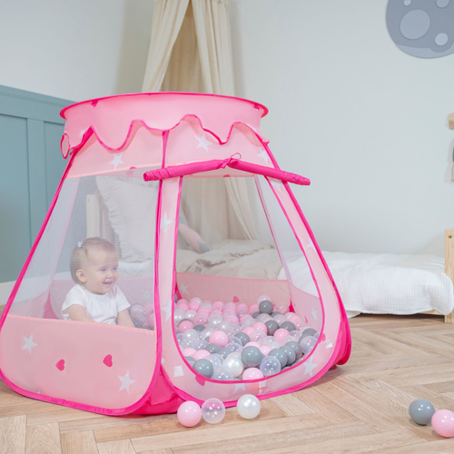 Tente Château Pour Enfants Tente de Jeu Avec Balles Colorées Jouet Cabane Pop-up Château Facile À Monter Maison de Jeu Pour Intérieur et Extérieur, rose: perle-gris-transparent-rose poudré, 105x90cm/600 balles