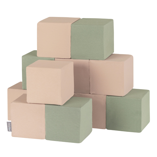 KiddyMoon Blocs Souples Jouets pour Bébé Mousse Squeeze Jouer Jouet Éducatif, cubes: sage/beige, 12 Pieces