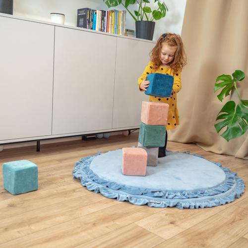 KiddyMoon blocs mous pour bébé cubes de construction en mousse housse velours, cubes: vert forêt-rose de sables-gris de montagnes, 6 Pieces