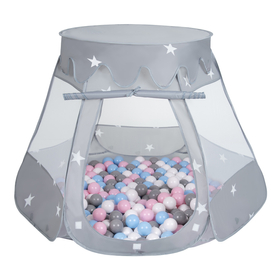 Tente Château Pour Enfants Tente de Jeu Avec Balles Colorées Jouet Cabane Pop-up Château Facile À Monter Maison de Jeu Pour Intérieur et Extérieur, gris:blanc/gris/babyblue/rose poudré, 105x90cm/300 balles
