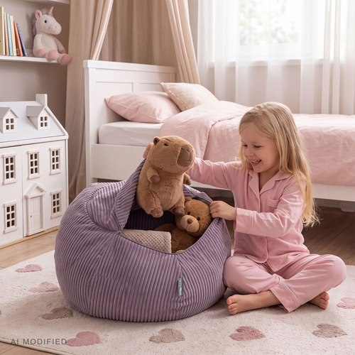 KiddyMoon pouf enfant rangement jouets zippé fonction assise polyester, violet, sac