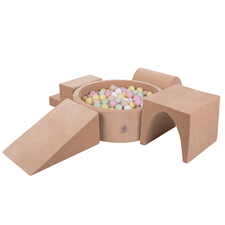 KiddyMoon Aire Velvet De Jeux en Mousse avec Rond Piscine à Balles pour Enfants, rose des sables: beige pastel/jaune pastel/blanc/menthe/rose poudre, Piscine (300 Balles) + Version 3