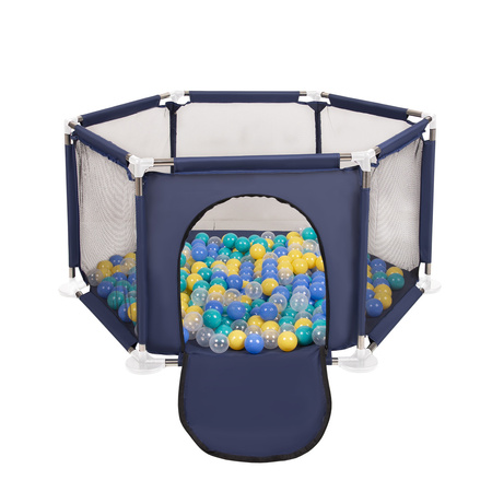 parc bébé hexagonal pliable avec balles plastiques, Bleu:turquoise/bleu/jaune/transparent, 200 balles