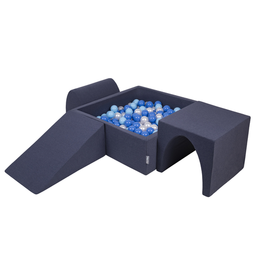 KiddyMoon Aire De Jeux en Mousse avec Carré Piscine À Balles pour Enfants, bleu foncé:babyblue/bleu/perle, Piscine (200 Balles) + Version 2