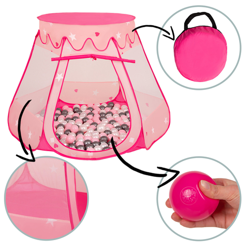 Tente Château Pour Enfants Tente de Jeu Avec Balles Colorées Jouet Cabane Pop-up Château Facile À Monter Maison de Jeu Pour Intérieur et Extérieur, rose: perle-gris-transparent-rose poudré, 105x90cm/600 balles