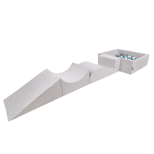 KiddyMoon Aire De Jeux en Mousse avec Carré Piscine À Balles pour Enfants, gris clair: gris/blanc/turquoise, Piscine (200 Balles) + Version 5