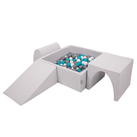 KiddyMoon Aire De Jeux en Mousse avec Carré Piscine À Balles pour Enfants, gris clair: gris/blanc/turquoise, Piscine (300 Balles) + Version 2