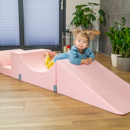 KiddyMoon Aire De Jeux en Mousse avec Rond Piscine à Balles pour Enfants, rose: bleu pastel/jaune pastel/blanc/menthe/rose poudré, Piscine (100 Balles) + Marches
