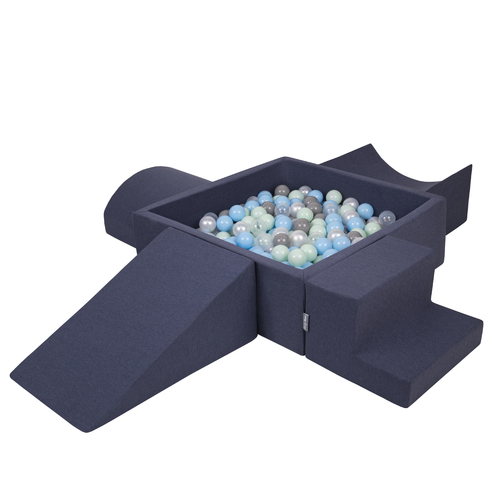 KiddyMoon Aire De Jeux en Mousse avec Carré Piscine À Balles pour Enfants, bleu foncé:perle/gris/transparent/babyblue/menthe, Piscine (200 Balles) + Version 5