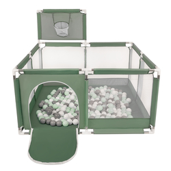 parc bébé avec balles plastiques aire de jeu pliable basket, vert : blanc/gris/menthe, 100 balles