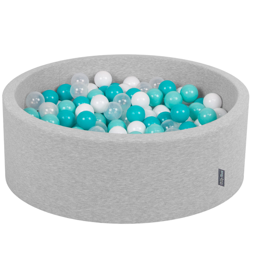 KiddyMoon Piscine à Balles ∅ 7Cm pour Bébé Rond Fabriqué En UE, gris clair:turq. clair/blanc/transparent-turq., 90x30cm/200 balles