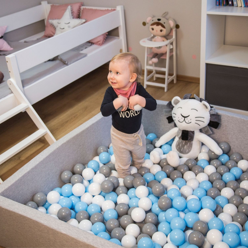 KiddyMoon Piscine À Balles Grande Rond pour Bébé, Fabriqué en UE, gris clair: gris-blanc-babyblue, 120x30cm/200 balles