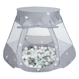 Tente Château Pour Enfants Tente de Jeu Avec Balles Colorées Jouet Cabane Pop-up Château Facile À Monter Maison de Jeu Pour Intérieur et Extérieur, gris:blanco/gris/menthe, 105x90cm/100 balles