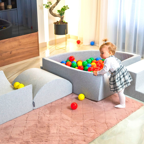 KiddyMoon Aire De Jeux en Mousse avec Quart Angulaire Piscine À Balles pour Bébé, gris clair: rose poudré/perle/transparent, Piscine (200 Balles) + Version 3