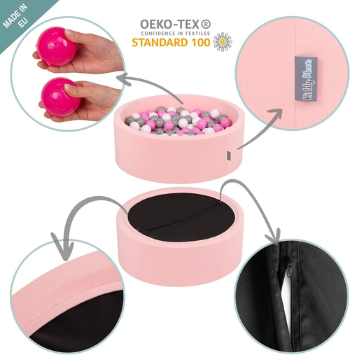 KiddyMoon Piscine à Balles ∅ 7Cm pour Bébé Rond Fabriqué En UE, flamant rose: rose/rose poudré/noir, 90x30cm/200 balles