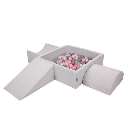 KiddyMoon Aire De Jeux en Mousse avec Carré Piscine À Balles pour Enfants, gris clair: perle/gris/transparent/rose poudré, Piscine (200 Balles) + Version 4