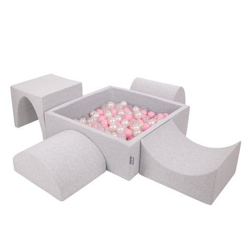 KiddyMoon Aire De Jeux en Mousse avec Carré Piscine À Balles pour Enfants, gris clair: rose poudré/perle/transparent, Piscine (300 Balles) + Version 1