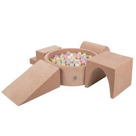 KiddyMoon Aire Velvet De Jeux en Mousse avec Rond Piscine à Balles pour Enfants, rose des sables: beige pastel/jaune pastel/blanc/menthe/rose poudre, Piscine (300 Balles) + Version 3