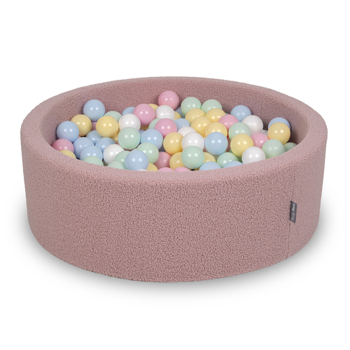 KiddyMoon Piscine à Balles Boules 7 cm pour un Remplissage plus Généreux Pour Bébés au Housse Teddy, Convient dès 8 Mois, Rose: Bleu Pastel/Jaune Pastel/Blanc/Menthe/Rose Poudré, 90x30cm/300 Balles