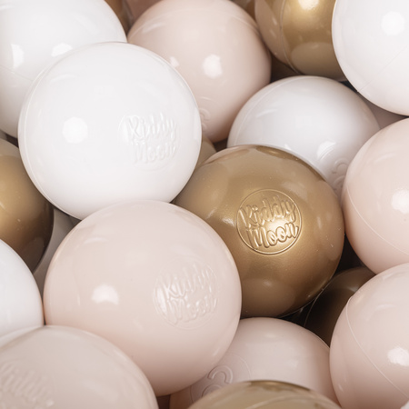 KiddyMoon Balles Colorées Plastique ∅7cm pour Piscine Enfant Bébé Fabriqué en EU, beige pastel/blanc/or, 100 Balles/7cm